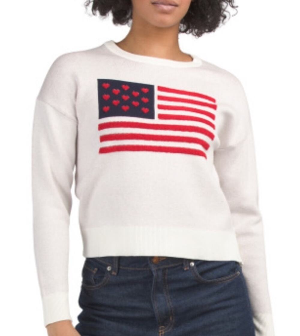 Kaily K Womens American Flag USA Terry Ivory Crewneck Sweater Size Medium NEW